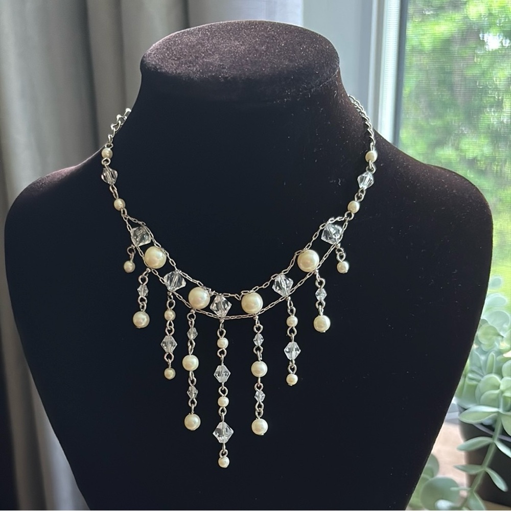 2000 Avon Victorian Revival Pearl & Crystal Fringe Statement 16" Necklace NIB